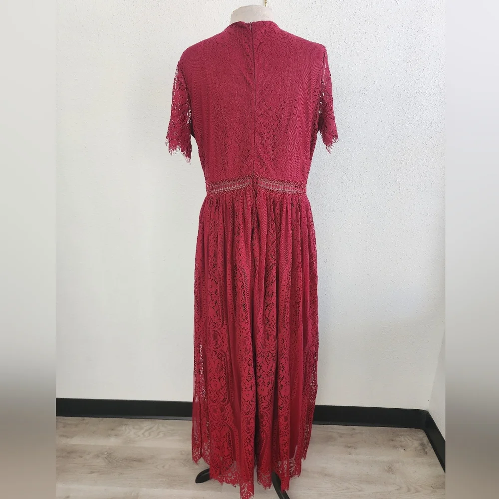 Burgundy Deep V Neck Short Sleeve Lace Maxi Holiday Dress Sz XL - Picture 6 of 7